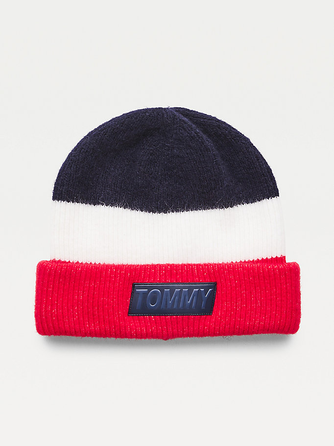 blue youth colour-blocked wool blend beanie for kids unisex tommy hilfiger
