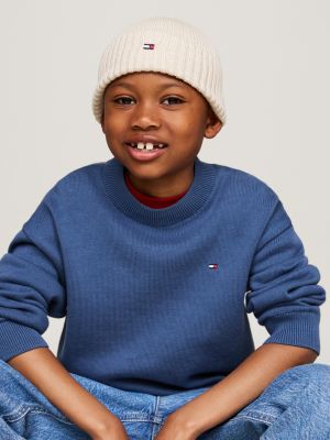 beige kids' essential flag embroidery beanie for kids unisex tommy hilfiger