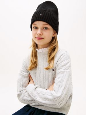 black kids' essential flag embroidery beanie for kids unisex tommy hilfiger