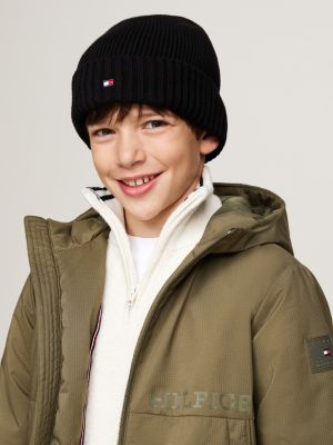 black kids' essential flag embroidery beanie for kids unisex tommy hilfiger