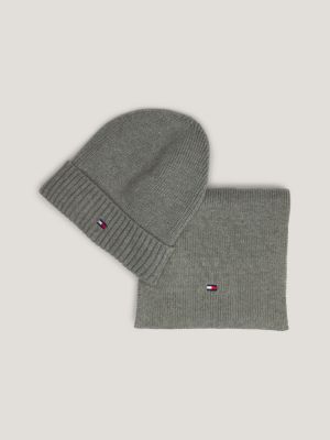 Coffret cadeau avec un bonnet et une écharpe gris en coton biologique  mélangé TOMMY HILFIGER - CCV Mode