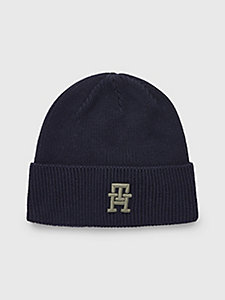 blue rib-knit monogram embroidery beanie for kids unisex tommy hilfiger