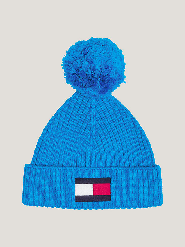 blue essential kids' pom pom beanie hat for kids unisex tommy hilfiger