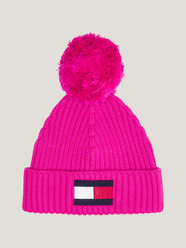 pink essential kids' pom pom beanie hat for kids unisex tommy hilfiger