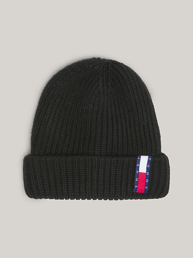 black czapka beanie z prążkowanej dzianiny z logo dla unisex - tommy jeans