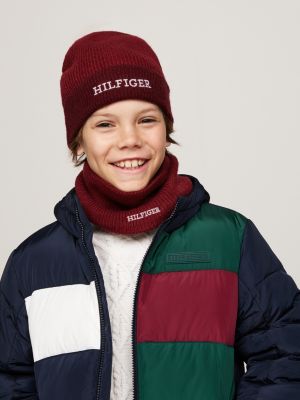 brown kids' hilfiger monotype beanie and snood set for kids gender inclusive tommy hilfiger