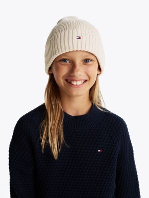 white kids' essential flag pom pom beanie for kids gender inclusive tommy hilfiger