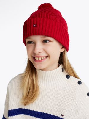 czerwony dziecięca czapka beanie essential z pomponem dla dla dzieci i dla każdej płci - tommy hilfiger