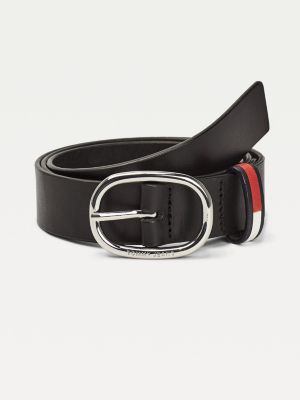 Oval Buckle Signature Keeper Leather Belt BLACK Tommy Hilfiger