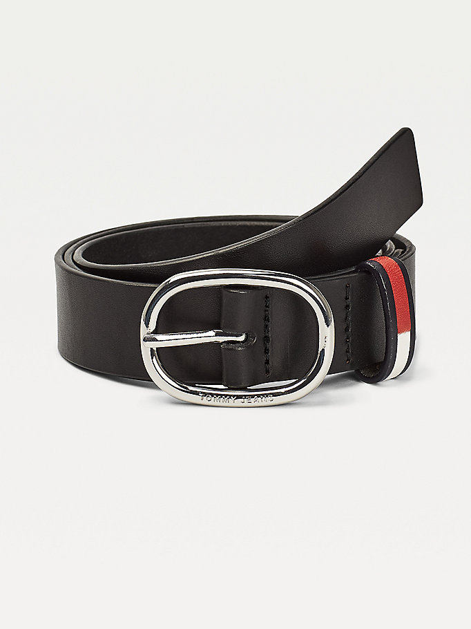 Oval Buckle Signature Keeper Leather Belt | BLACK | Tommy Hilfiger