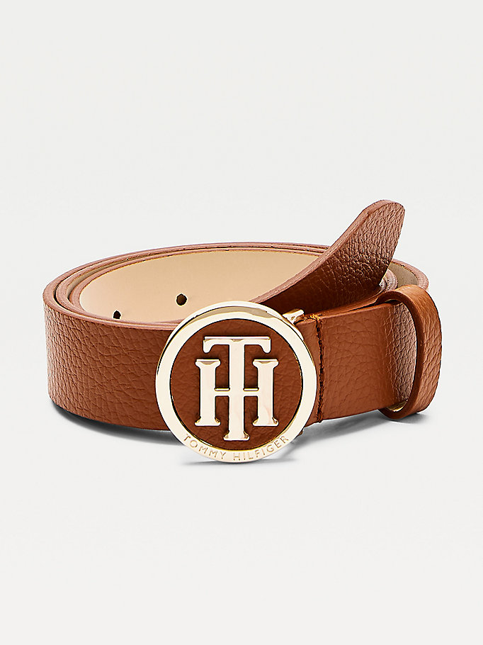 brown statement round buckle leather belt for women tommy hilfiger