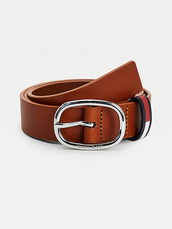 brown essential leather oval buckle belt for women tommy jeans