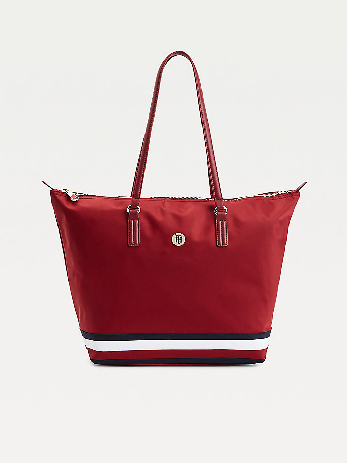 red signature detail monogram tote bag for women tommy hilfiger