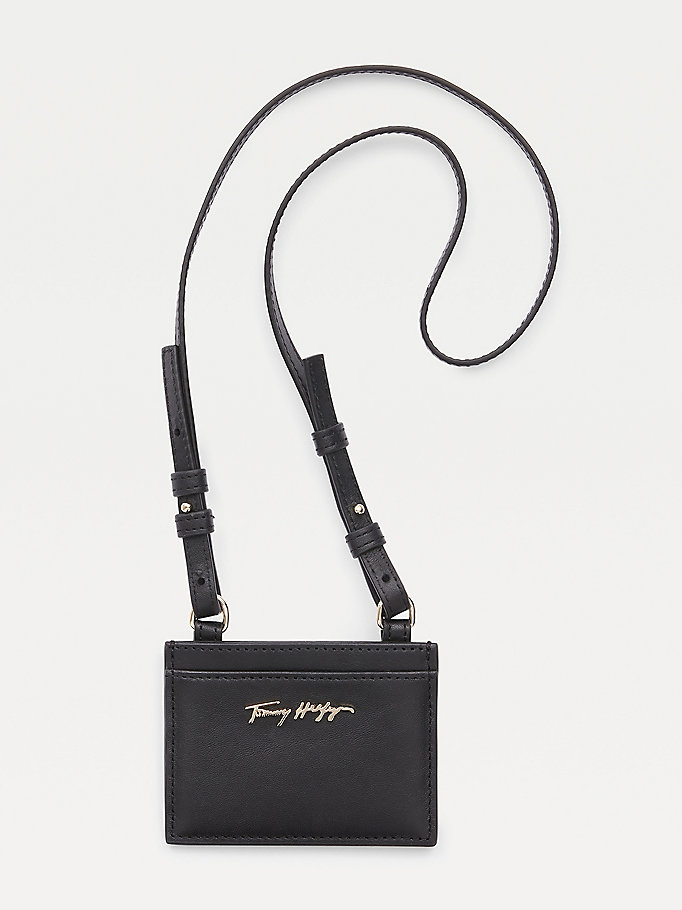 black essential leather logo credit card holder for women tommy hilfiger