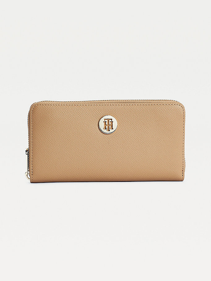 brown large monogram zip-around wallet for women tommy hilfiger