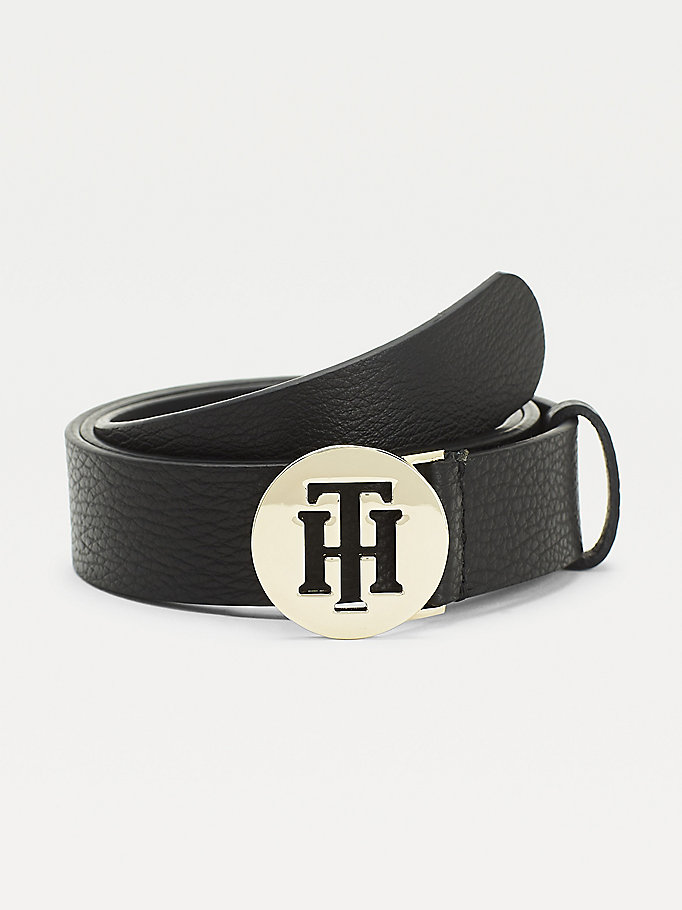 black round buckle monogram leather belt for women tommy hilfiger