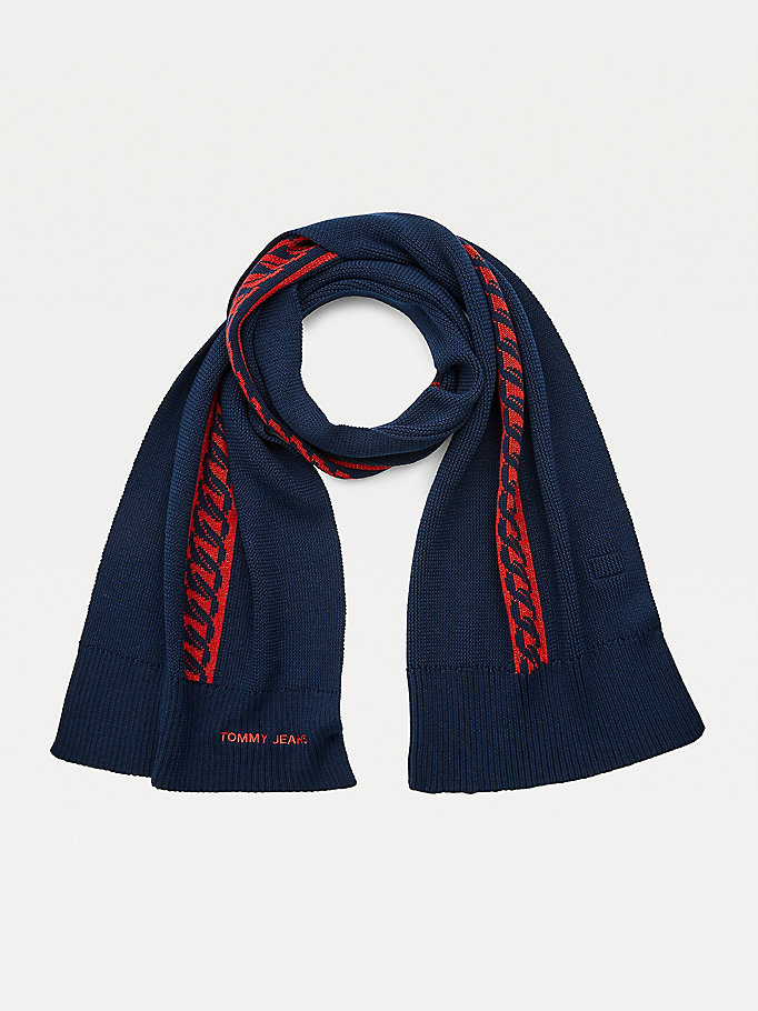 blue cotton knitted link pattern scarf for women tommy jeans