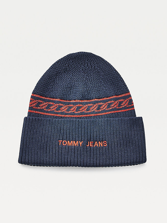 blue chain link knit beanie for women tommy jeans