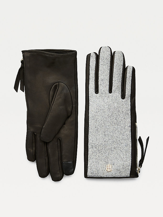 grey elevated leather and wool blend gloves for women tommy hilfiger