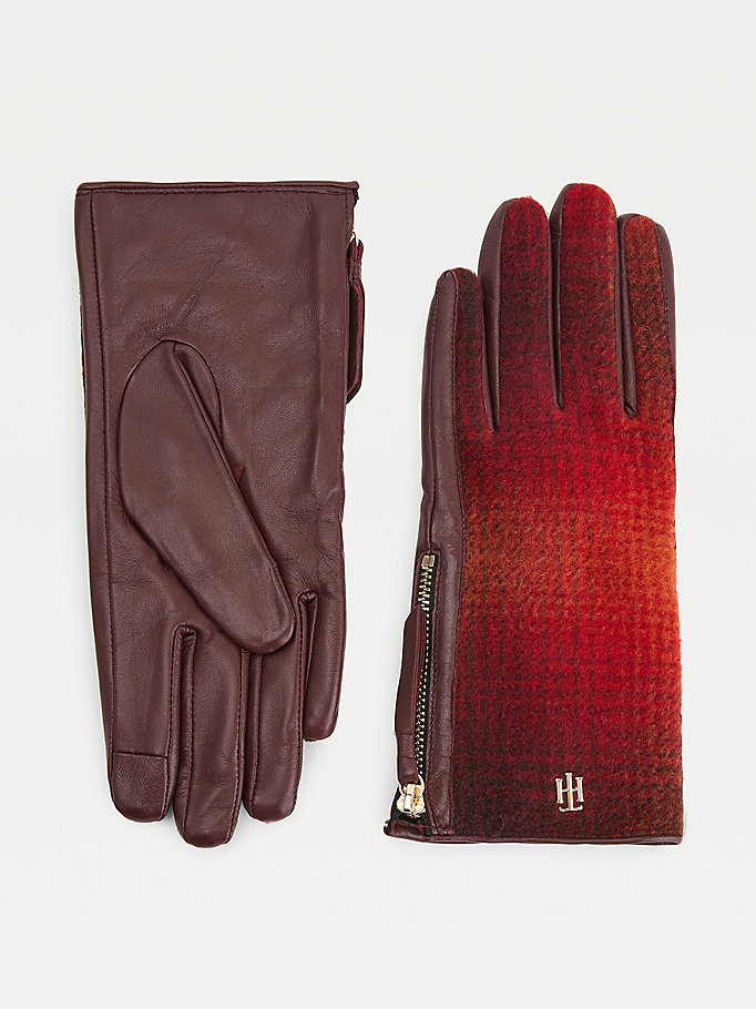 red elevated leather and shadow check gloves for women tommy hilfiger