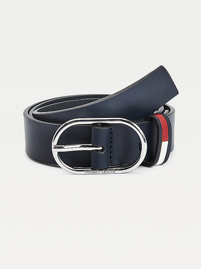 blue oval buckle organic leather belt for women tommy jeans