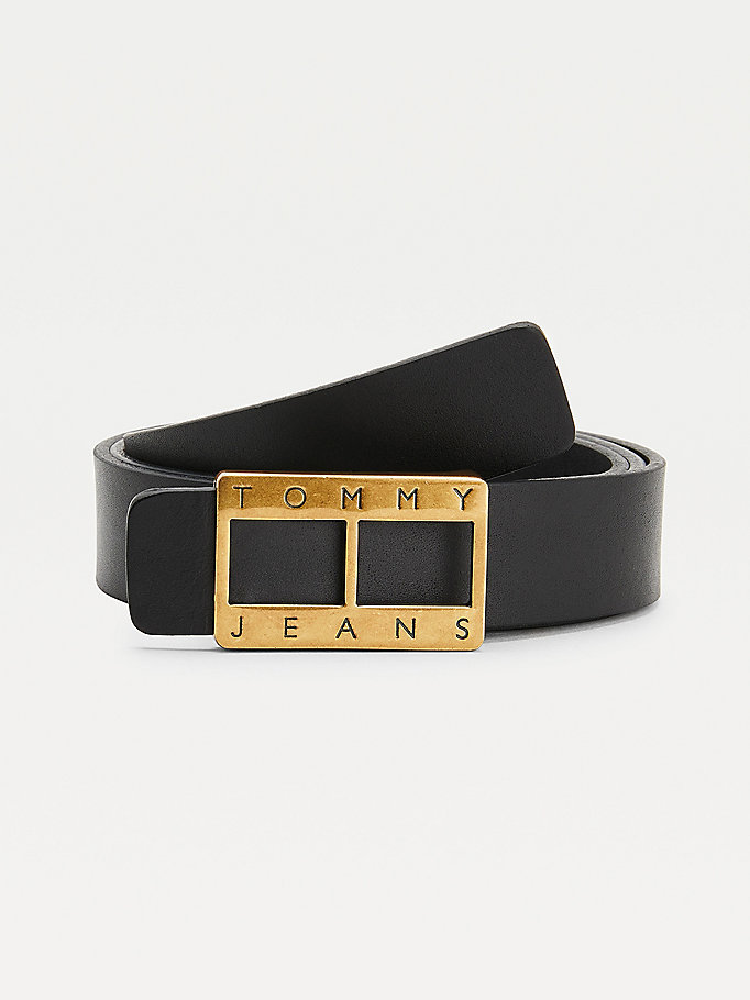 black plaque buckle organic leather belt for women tommy jeans