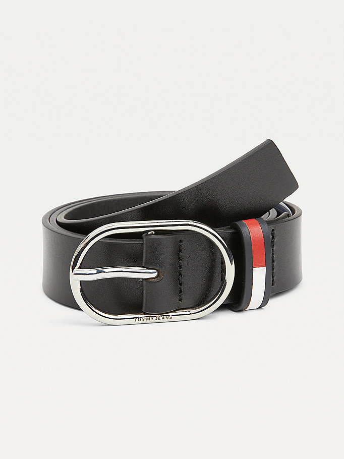 black oval buckle organic leather belt for women tommy jeans