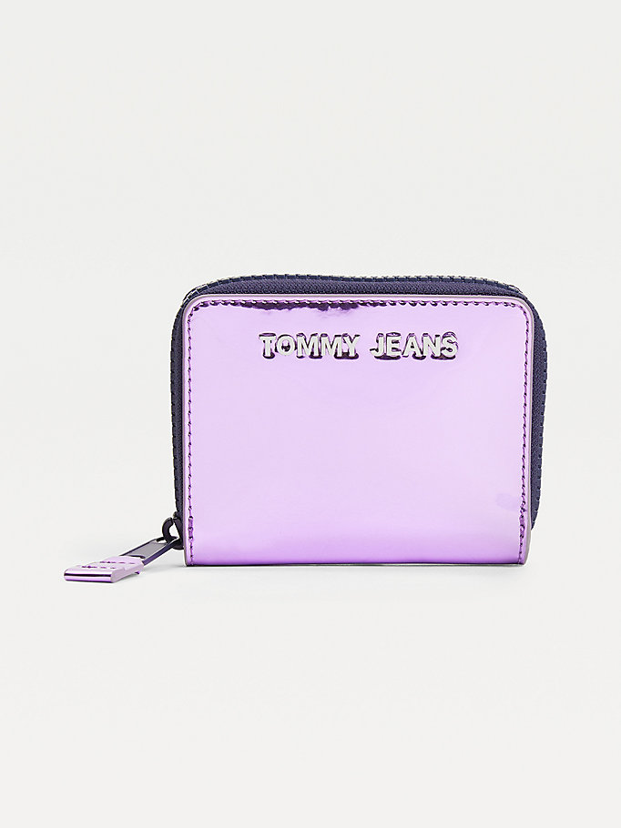 purple reflective small zip-around wallet for women tommy jeans