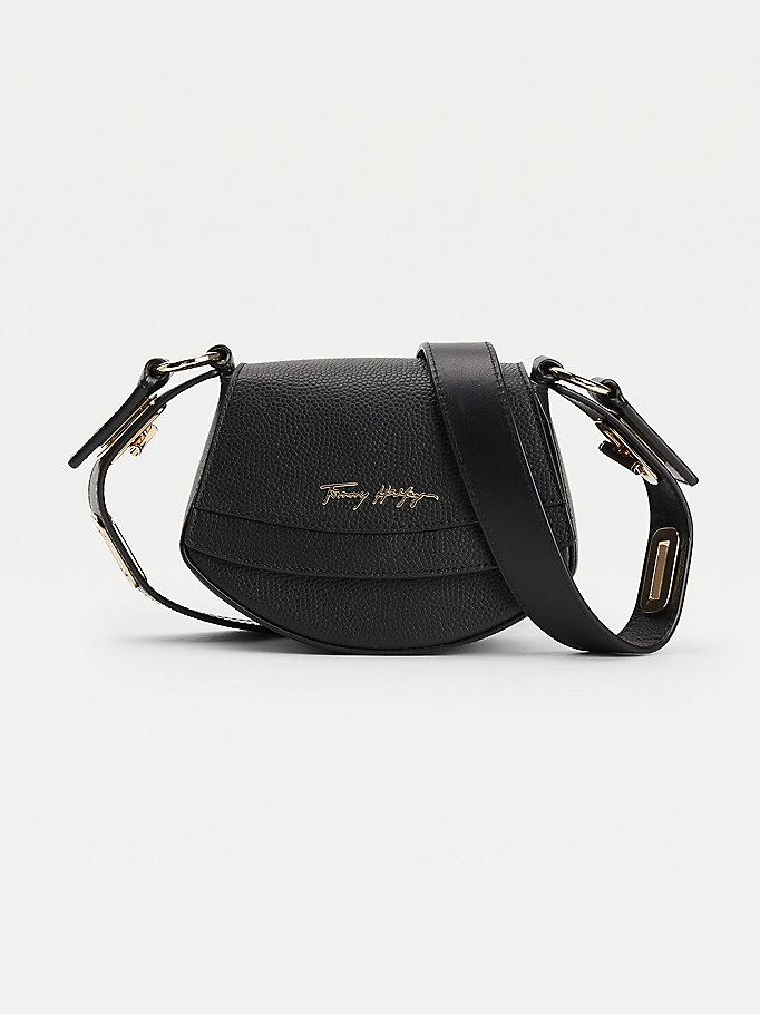 black luxe leather turn lock strap crossover bag for women tommy hilfiger