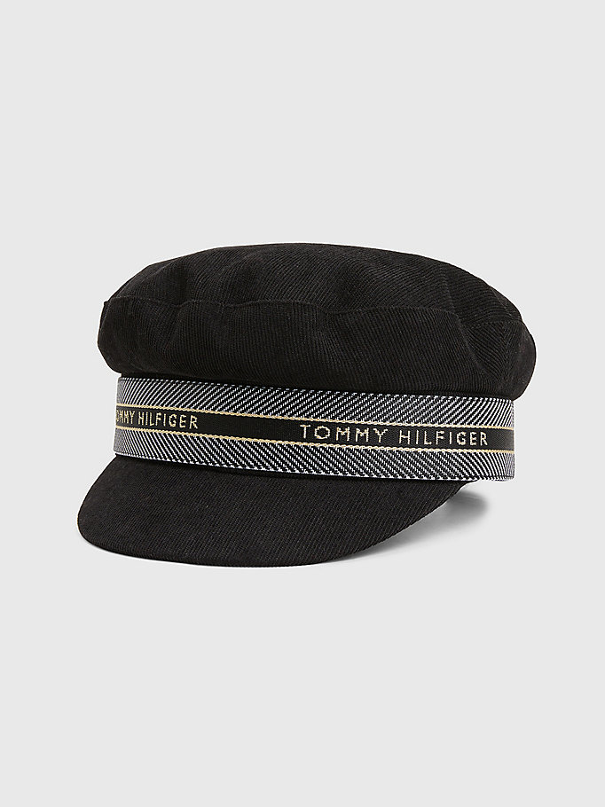 schwarz baker boy-mütze aus cord mit logo-tape für damen - tommy hilfiger