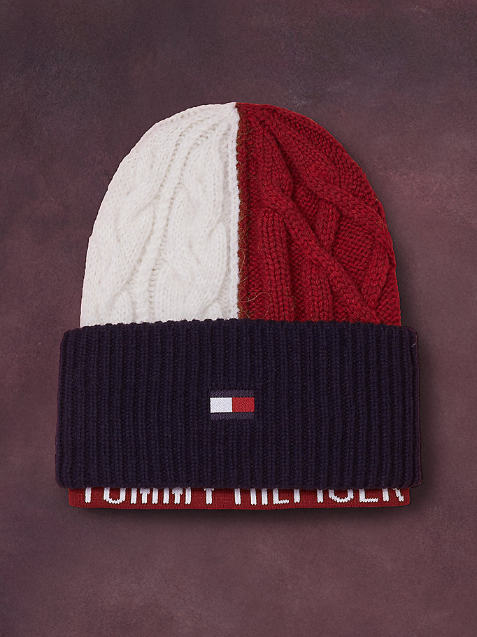 blue flag icon cable knit beanie for women tommy hilfiger