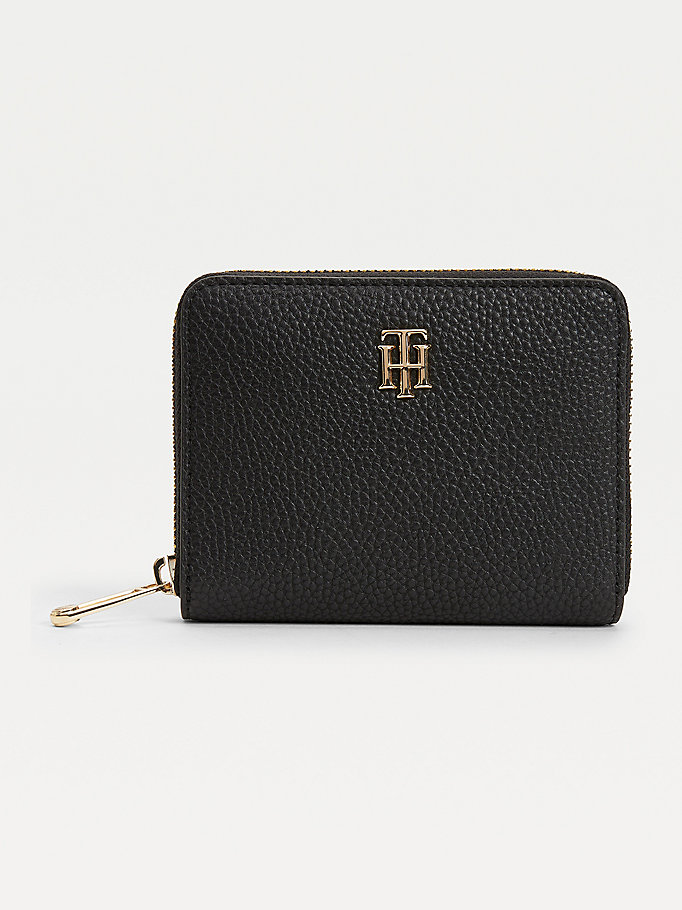 zwart medium zip-around portemonnee met monogram voor women - tommy hilfiger