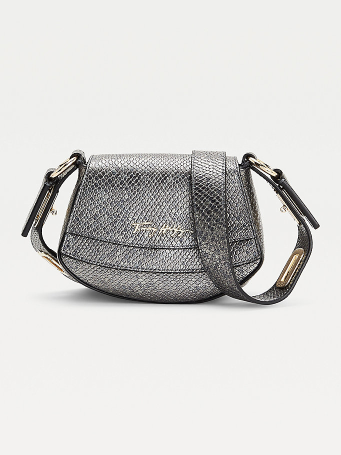 grey luxe leather small metallic crossover bag for women tommy hilfiger