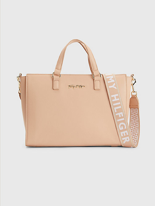 beige joy signature satchel for women tommy hilfiger