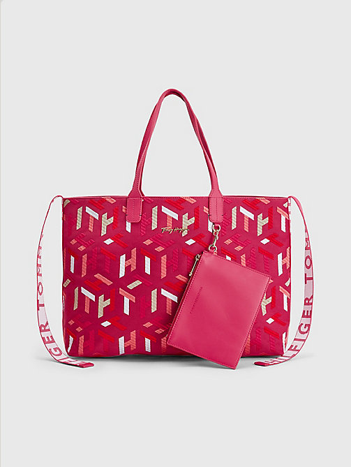 pink iconic monogram embroidery cotton tote for women tommy hilfiger