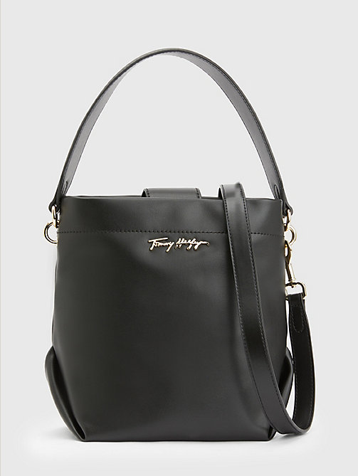 black vegan leather luxe soft bucket bag for women tommy hilfiger
