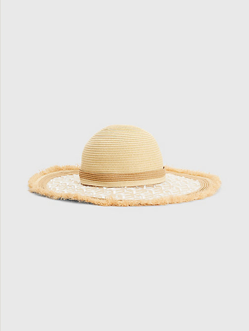 бежевый соломенная шляпа с вышитыми монограммами для женщины - tommy hilfiger