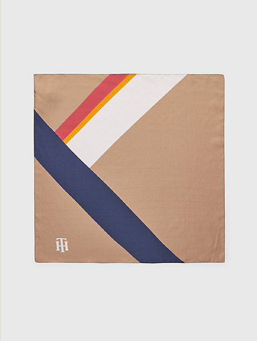 beige colour-blocked zijden bandana met monogram voor women - tommy hilfiger