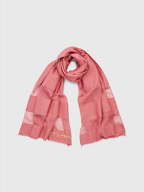 roze iconic sjaal met logo en ton-sur-ton streep voor dames - tommy hilfiger