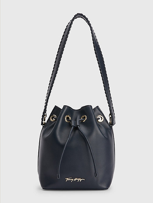 blue luxe leather logo bucket bag for women tommy hilfiger
