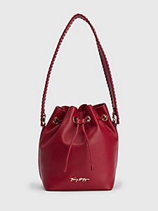 red luxe leather logo bucket bag for women tommy hilfiger