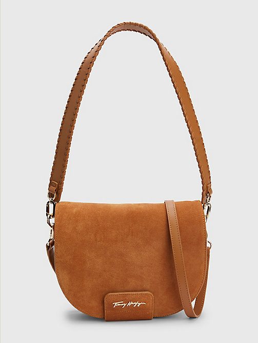 brown suede saddle bag for women tommy hilfiger