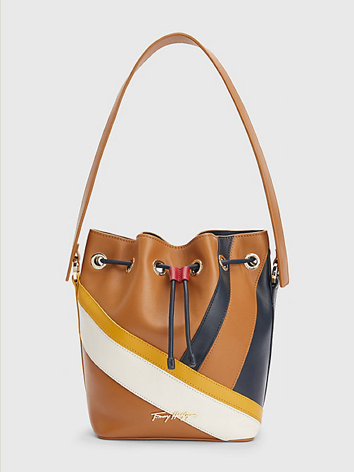 beige luxe leather colour-blocked bucket bag for women tommy hilfiger