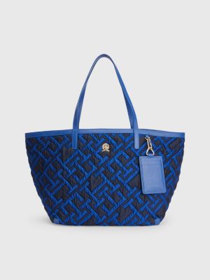 Leather Monogram Print Tote Bag BLUE Tommy Hilfiger