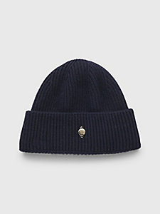 blue th monogram elevated plaque beanie for women tommy hilfiger