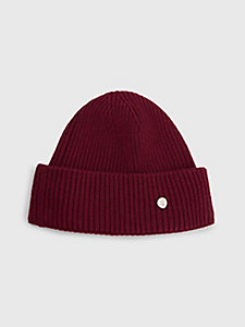 red th monogram elevated plaque beanie for women tommy hilfiger