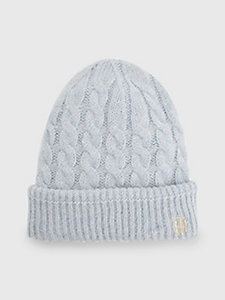 blue cable knit th monogram beanie for women tommy hilfiger
