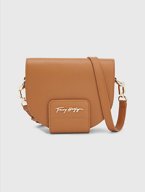 brown leather signature saddle bag for women tommy hilfiger