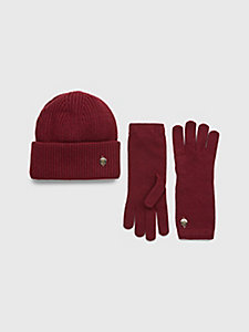 rot elevated beanie- und handschuh-geschenkset für damen - tommy hilfiger