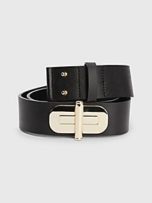 black th monogram turn lock leather belt for women tommy hilfiger